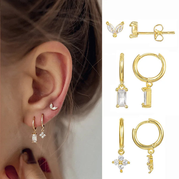 Luxury 6pcs Huggie Hoop Earring S925 Posts 5A CZ Flower Dangle Earrings Jewelry Set