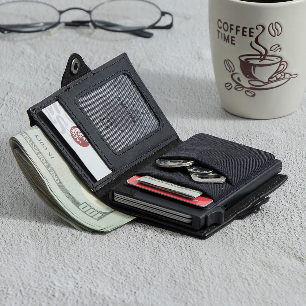 Multifunction Slim Minimalist Genuine Leather Anti-Theft Pop Up Wallet RFID Blocking