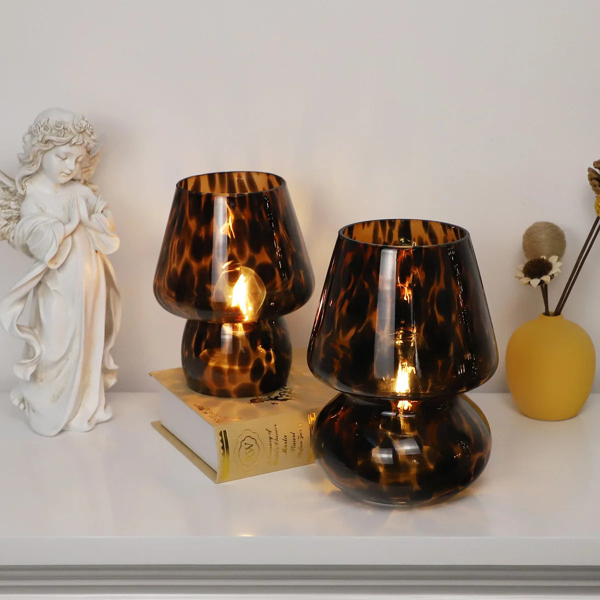 Hollow Blown Glass Leopard Print Mushroom Tabletop Reading Lamp Home Bedroom Elegant
