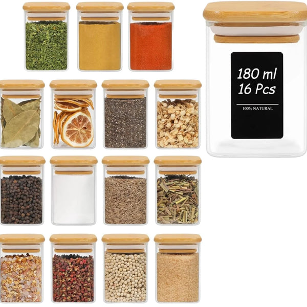 12Pcs Glass Spice Jars with Bamboo Lids 8oz Square Heat Resistant Borosilicate Glass Food