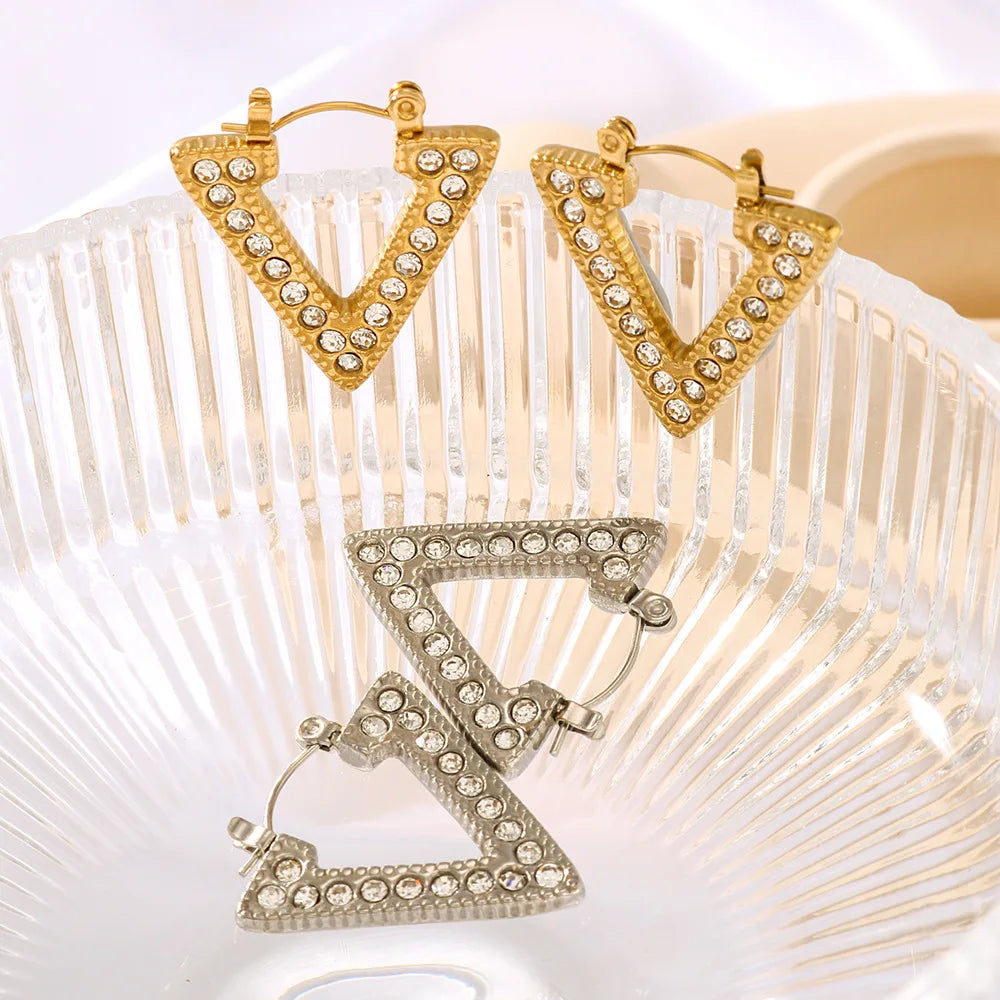 Minimalist Stainless Steel Triangular Zircon Huggie Earrings Geometric 18k Gold-Plated