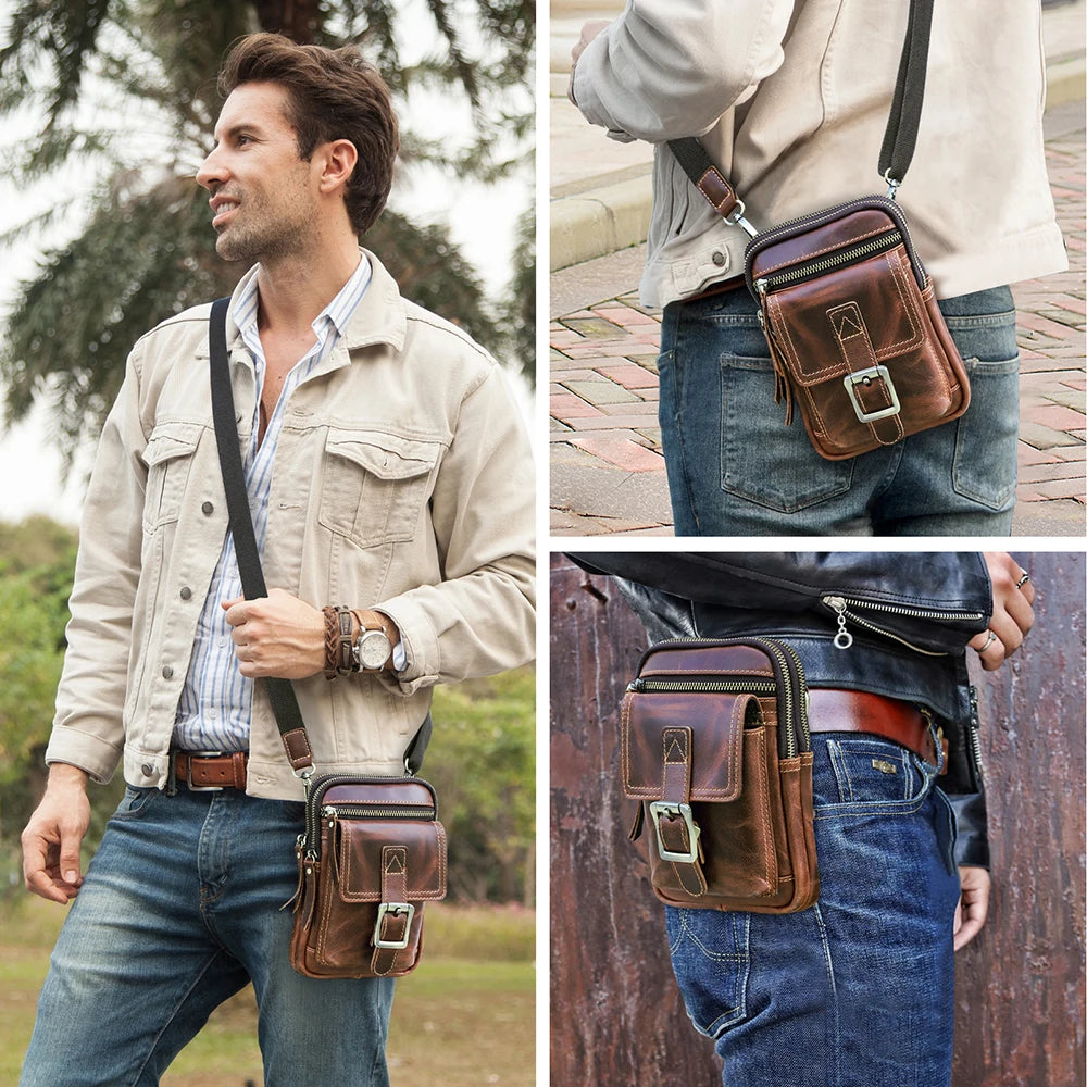 Vintage Genuine Leather Small Crossbody Phone Bag Men Convertible Waist Belt Bag