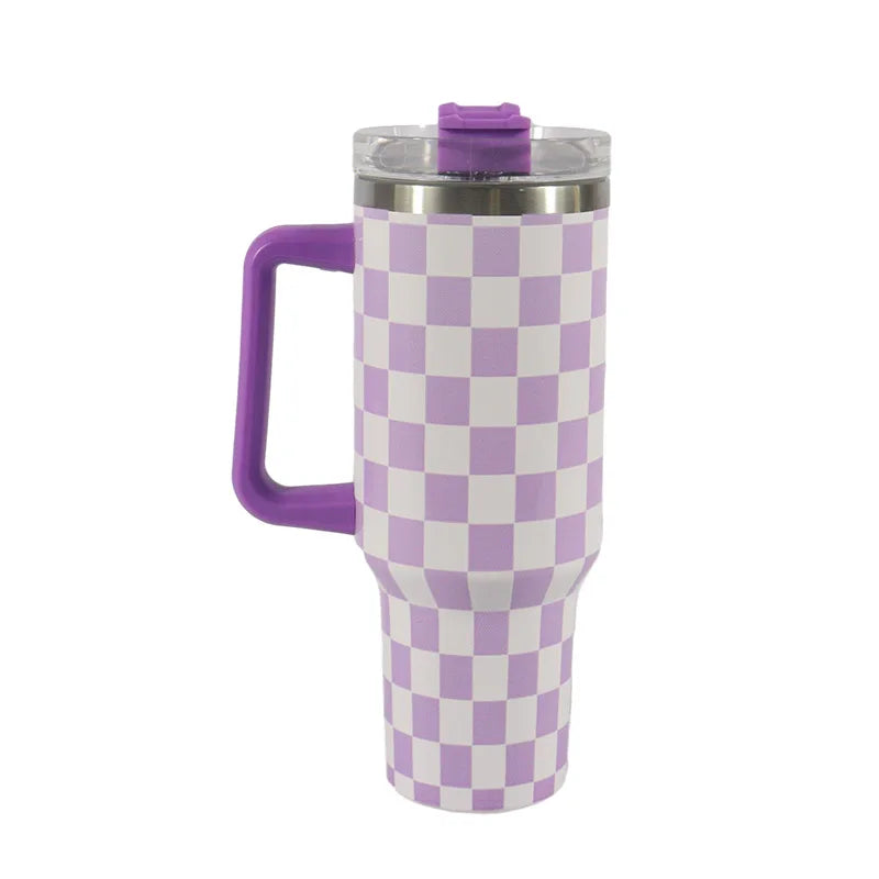 40 Oz Checkerboard Pattern Stainless Steel Tumbler Insulated Travel Coffee Mug Vacuum