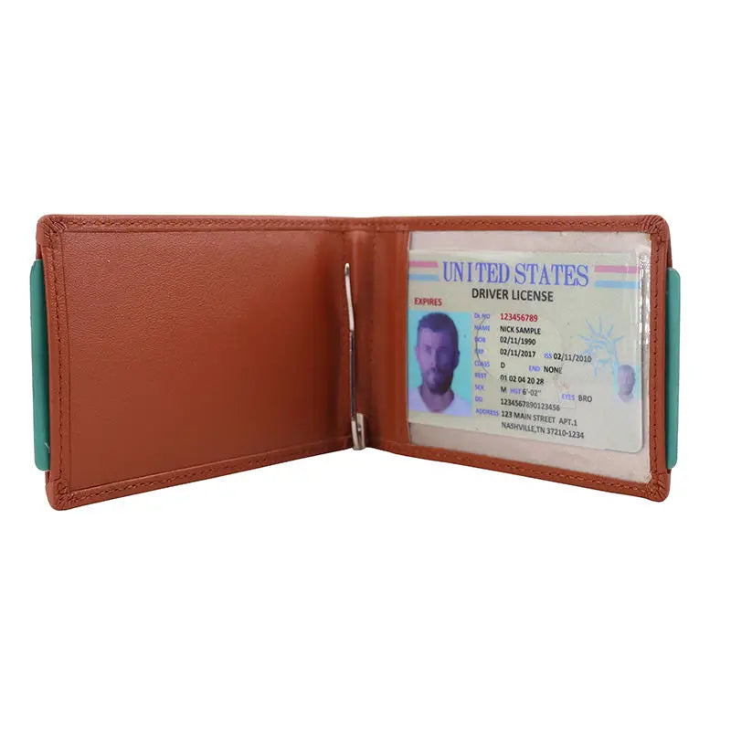 Minimalist Leather Bifold Wallet RFID Blocking Slim Card Holder Open Closure Metal Money
