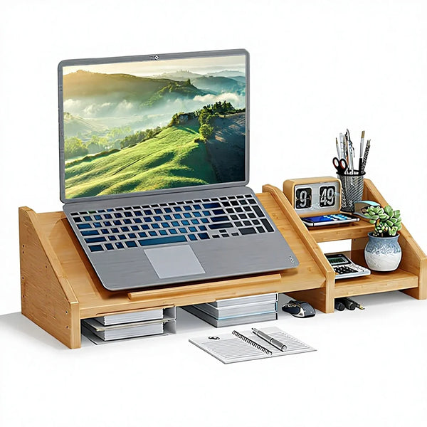 Bamboo Laptop Stand Desk 3-Height Adjustable Notebook Computer Monitor Riser 2-Tier