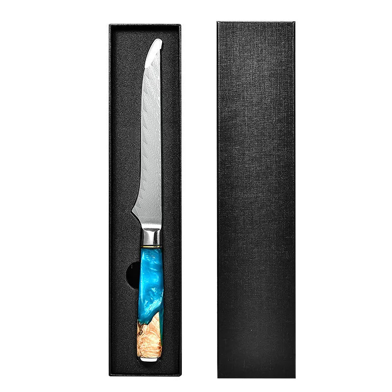 Damascus Steel VG10 Blue Resin Wood Handle 7 Piece Kitchen Chef Bread Santoku Knives
