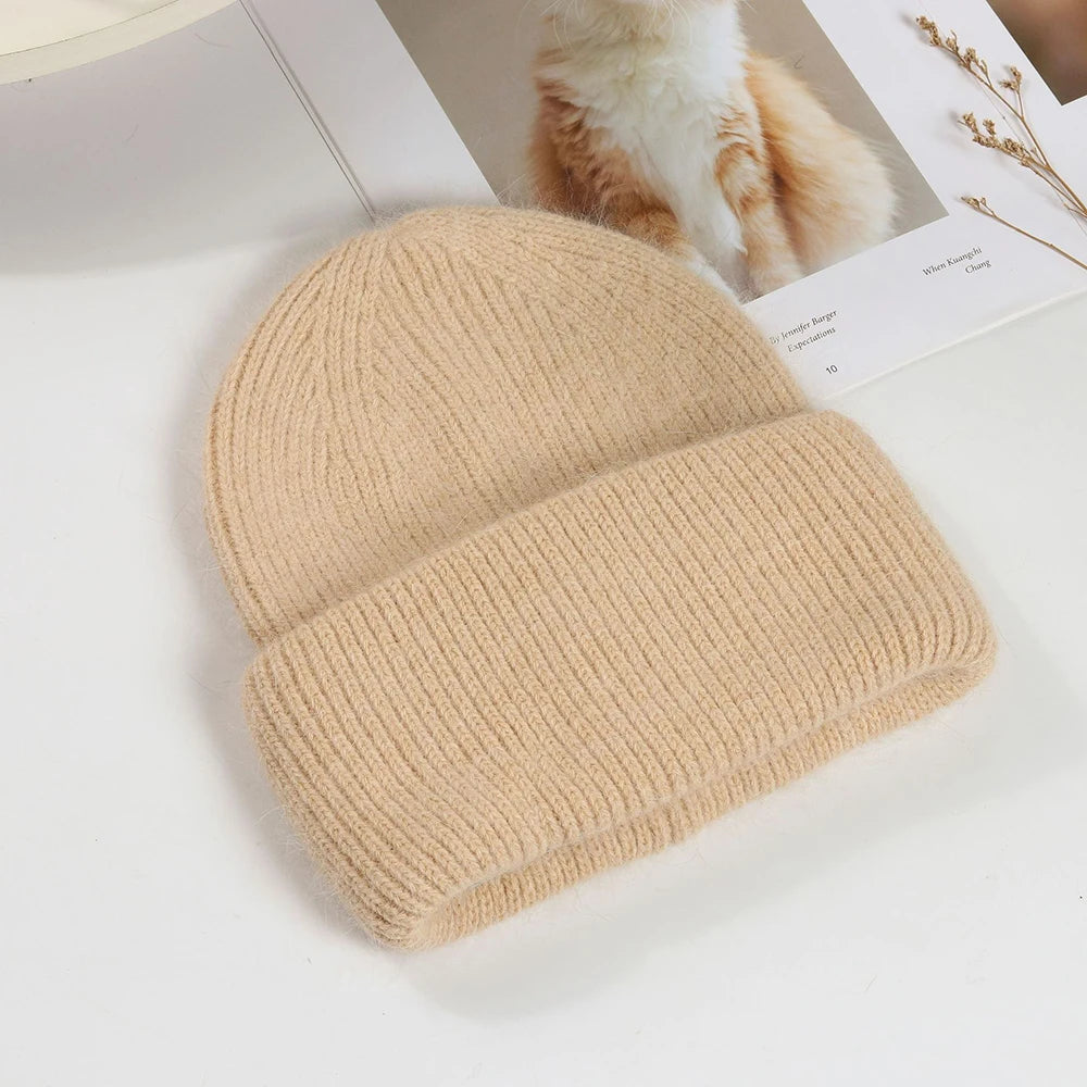 Knit Beanie Hat Real Angora Rabbit Fur Slouchy Skull Cap Winter Warm Stocking Hats