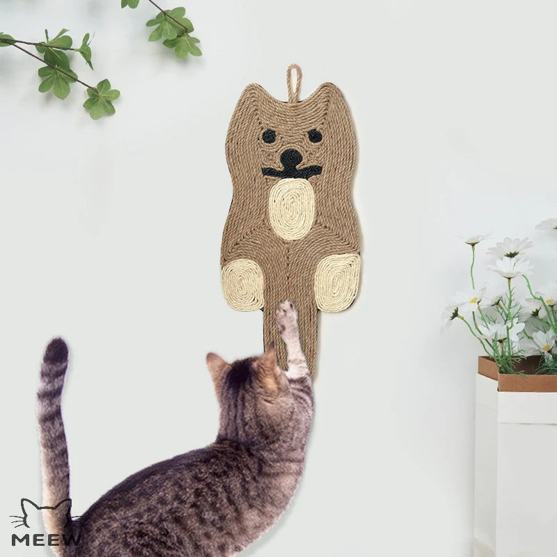 Cartoon Cat Shaped Sisal Cat Scratcher Mat Hanging Wall Mounted Cat Scratch Pad Natural