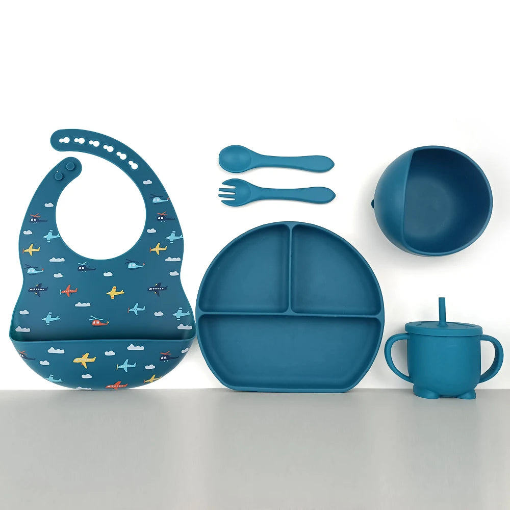 8pc Bebe Silicone Feeding Set Toddler Weaning Set Suction Bottom Infant Dining Tableware
