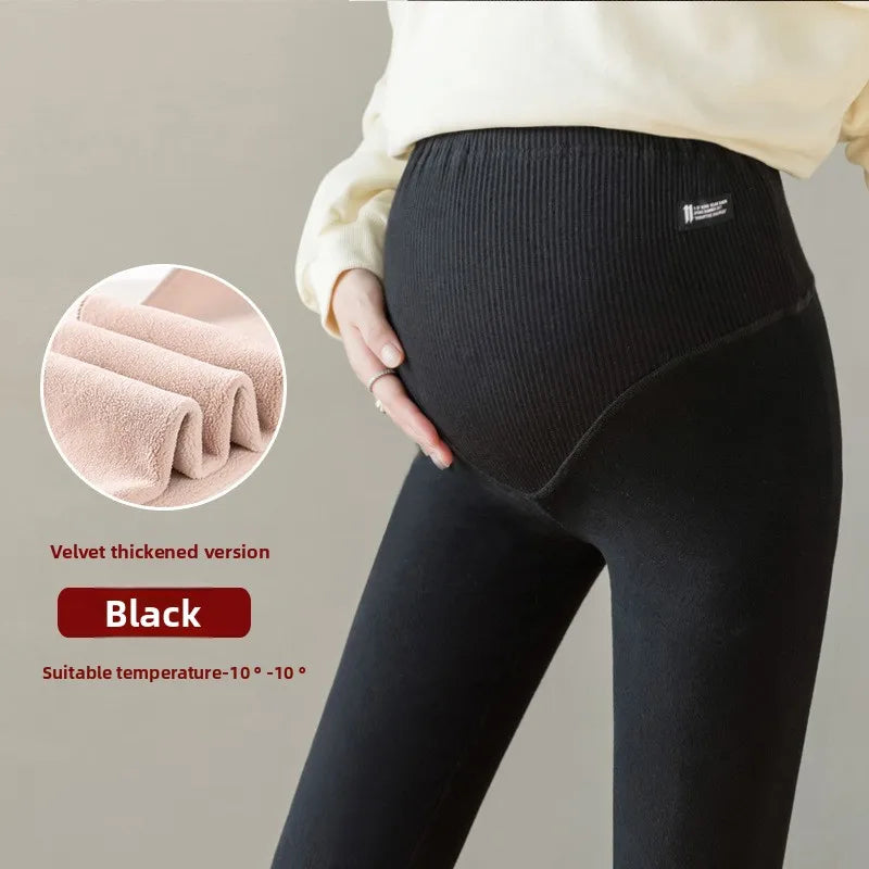 Autumn Winter Maternity Pants Fleece-Lined Breathable Thickened Outerwear Leggings Ribbed