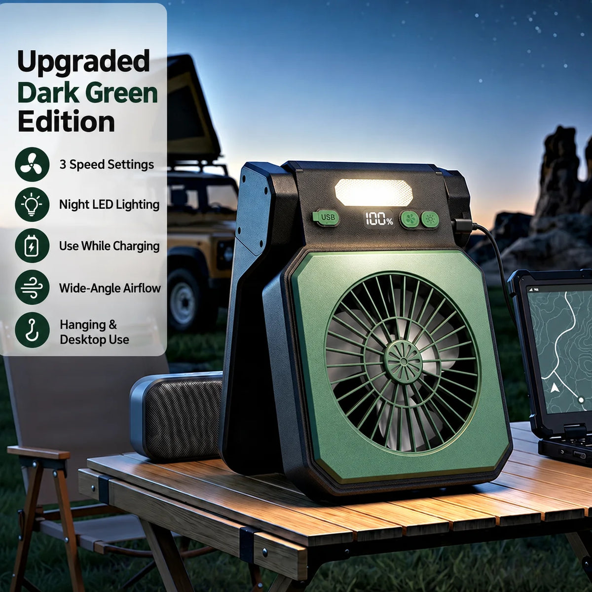 MoonlitGlow Custom Solar Rechargeable Camping Fan LED Light 3-Speed Control Dual-Core