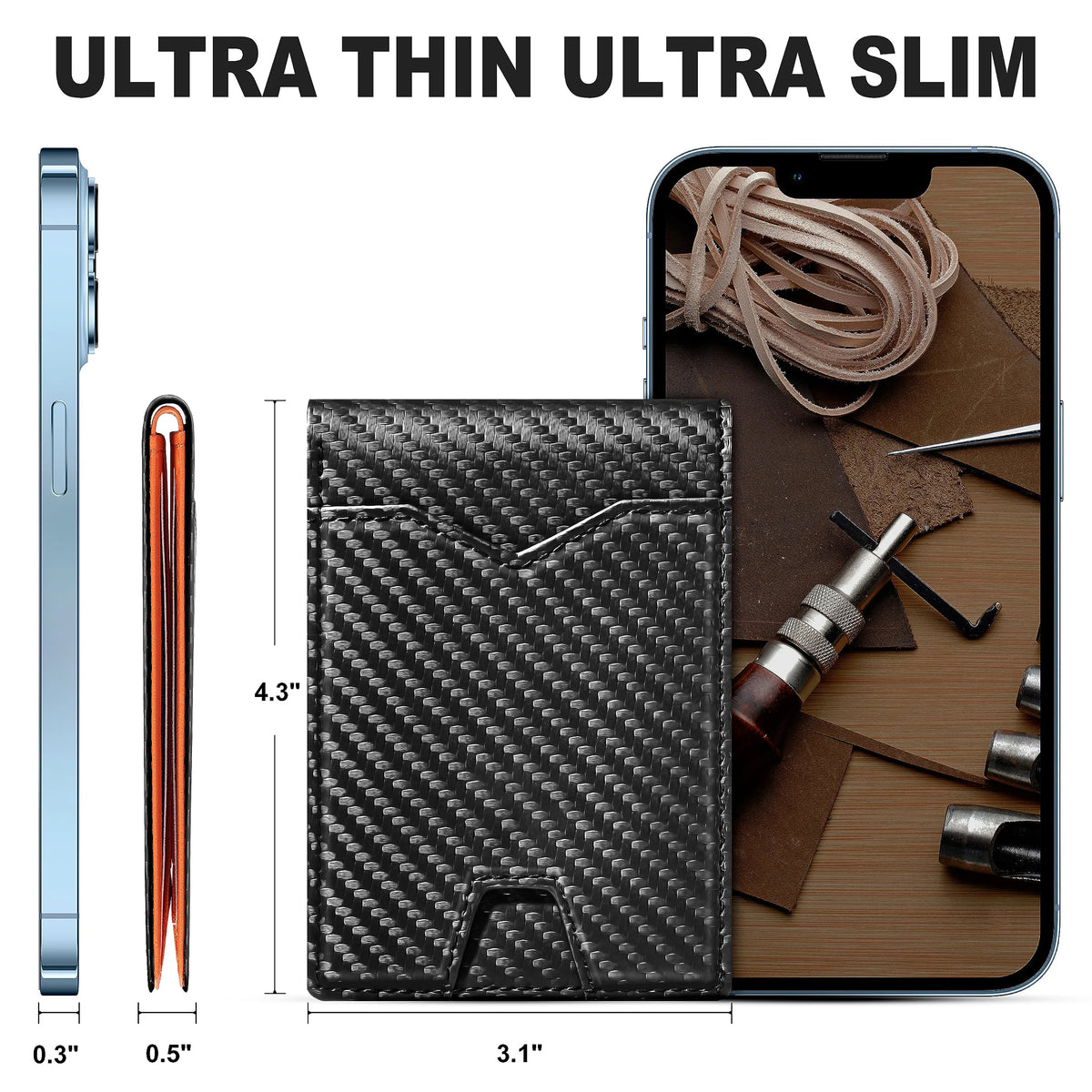 Minimalist Carbon Fiber Leather Bifold Mens Wallet Slim RFID Blocking Credit Card Holder