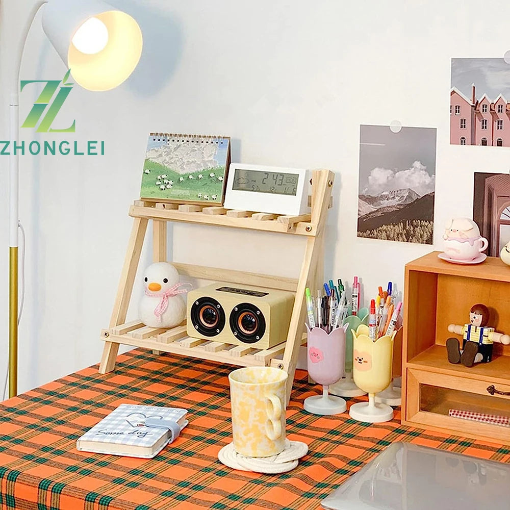 Wooden Double Layer Rack Desk Storage Organizer