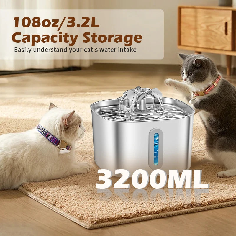 3.2L 304 Stainless Steel Automatic Cat Water Fountain Dog Dispenser Ultra Quiet Silent