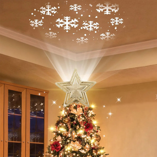 Christmas Tree Topper Star Light Projector Glitter Golden Star Tree Topper with Snowflake