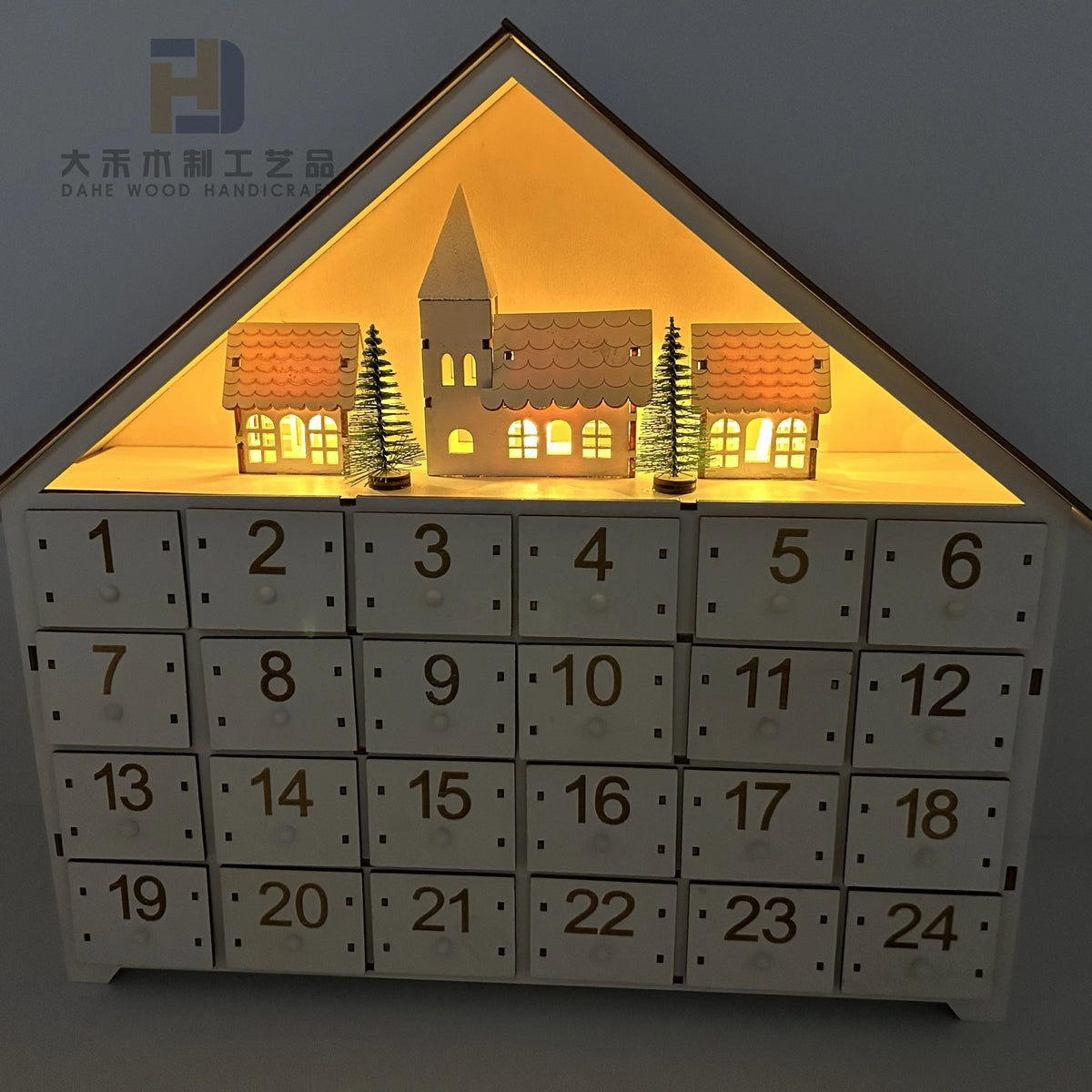 24 Day House Shaped Wooden Advent Calendar with 24 Drawer Box, Christmas Tree and LED