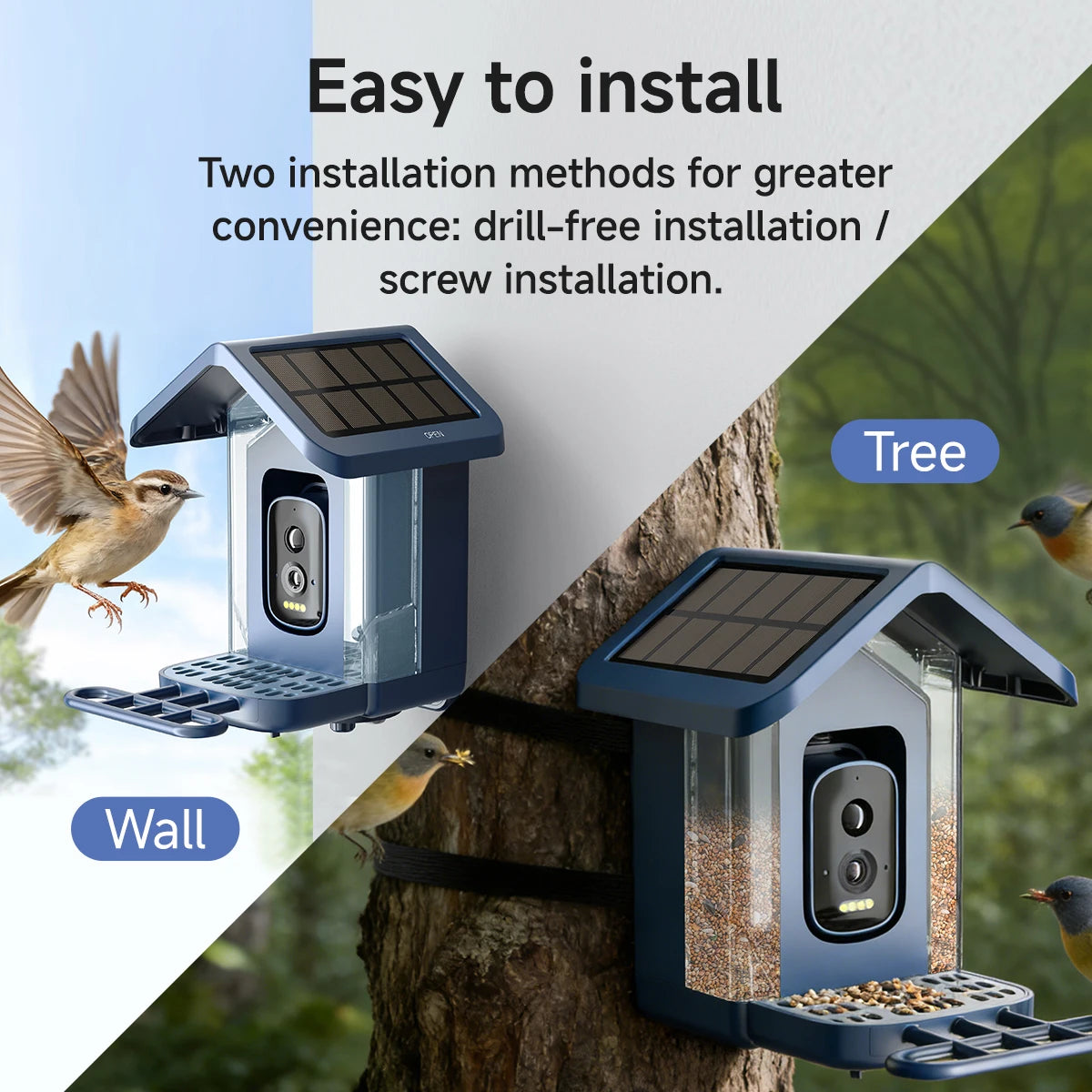 Solar Powered Durable ABS Smart Bird Feeder AI Camera 2.5K HD PIR Detection IP66
