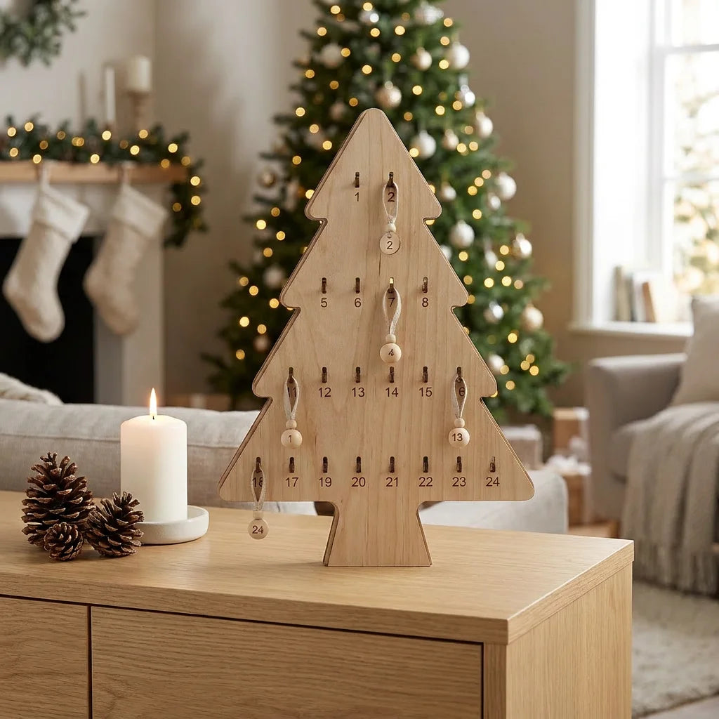 Christmas Wooden Crafts Advent Tree | 24-Day Countdown Calendar with Hooks | Laser Cut