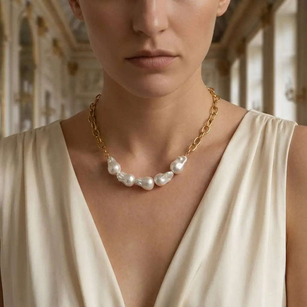 18K Gold Plated 304 Stainless Steel Shell Baroque Pearl Link Vintage Statement Necklace