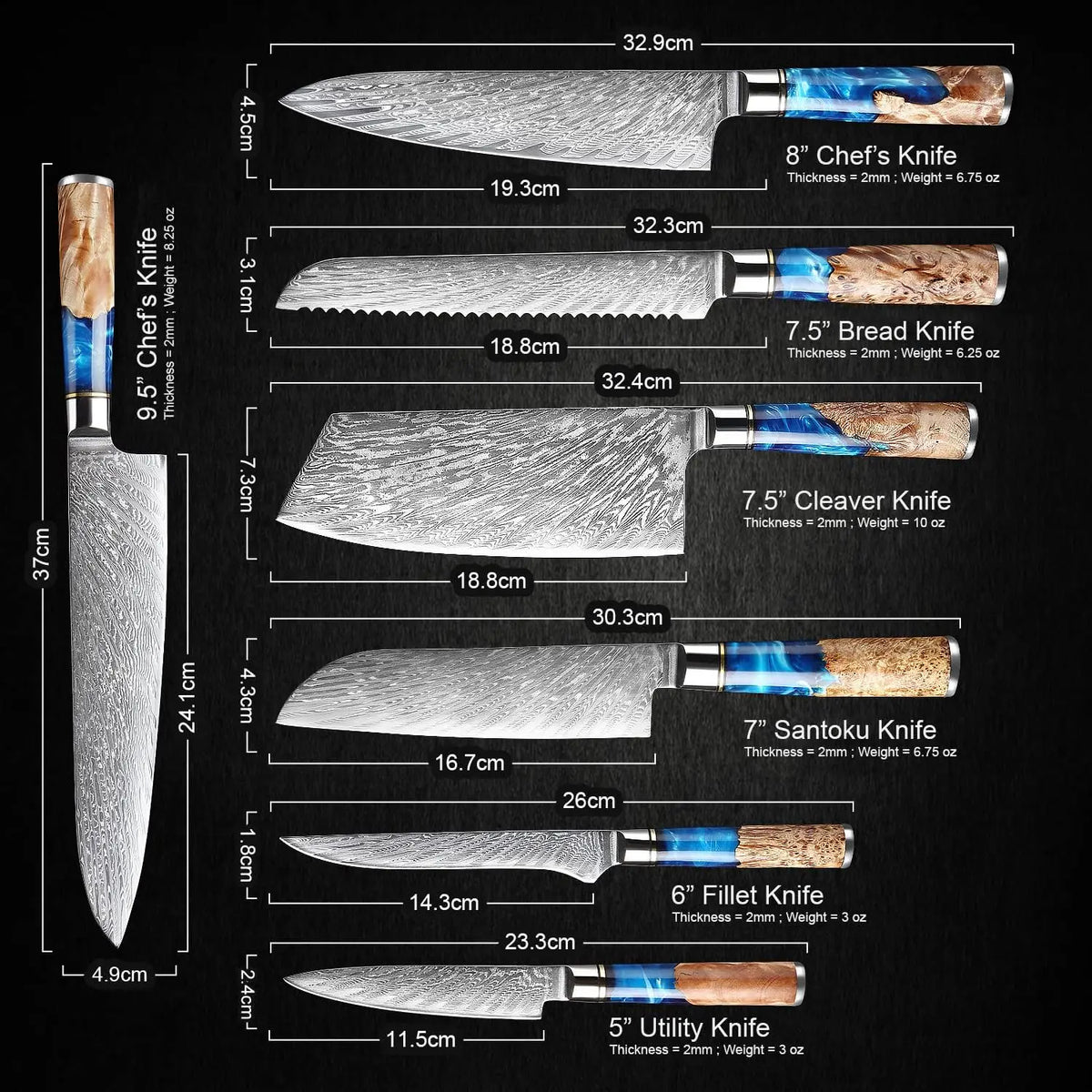 Damascus Steel VG10 Blue Resin Wood Handle 7 Piece Kitchen Chef Bread Santoku Knives