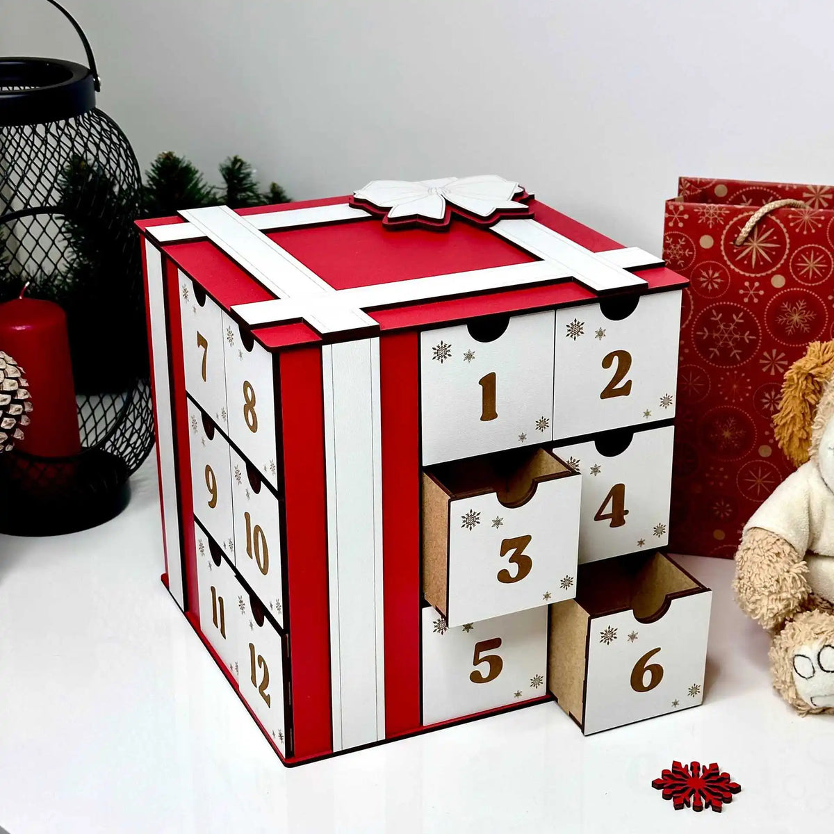 Christmas Advent Calendar Wooden Gift Decoration with Drawer for Countdown Gift
