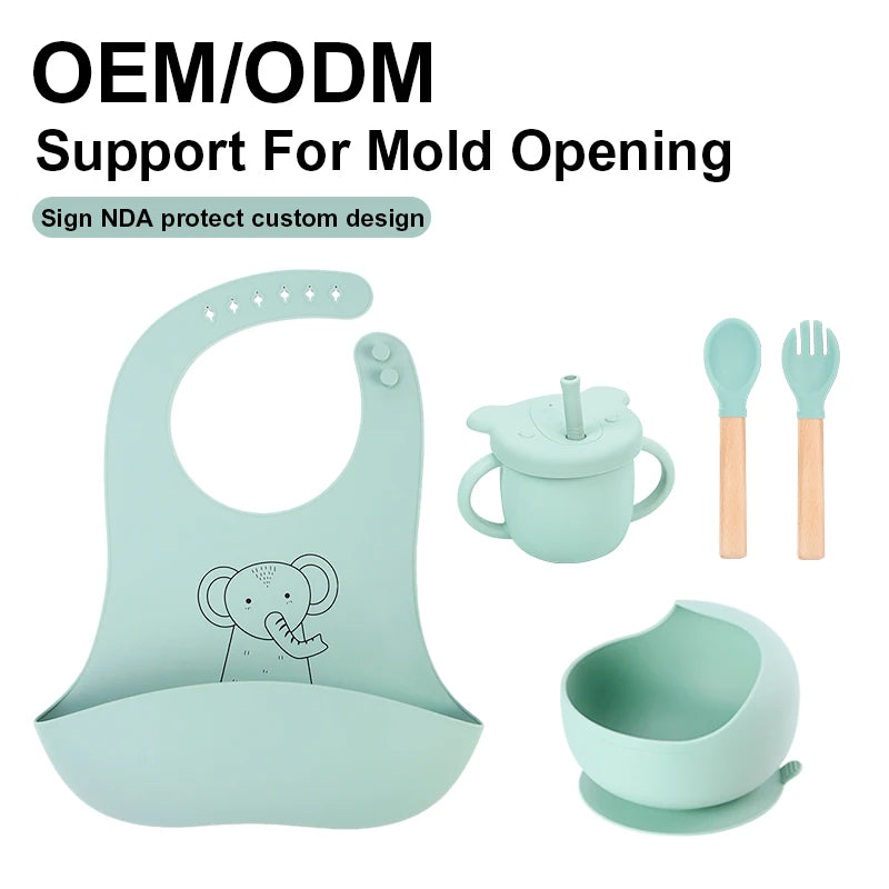 OME/ Modern Baby Feeding Set Bpa Free Silicone Bowls Plates Training Cup Bibs Knife Fork