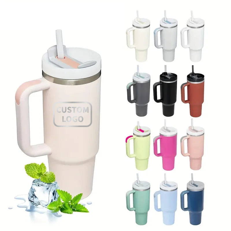 Double Walled Insulated Vacuum Stainless Steel 40Oz Tumbler With Straw Handle And Lid
