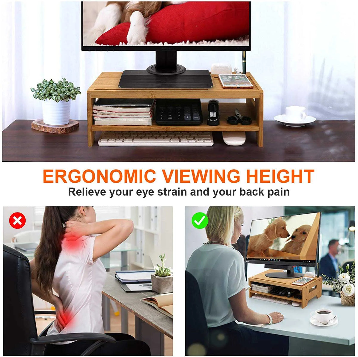 Portable 2-Tier Adjustable Laptop Stand Solid Wood Double Monitor Stand with Riser Wood