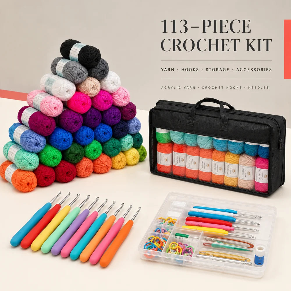 113Pcs Crochet Kit Yarn Knitting Material Set DIY Handcraft Supplies with Hooks Tools