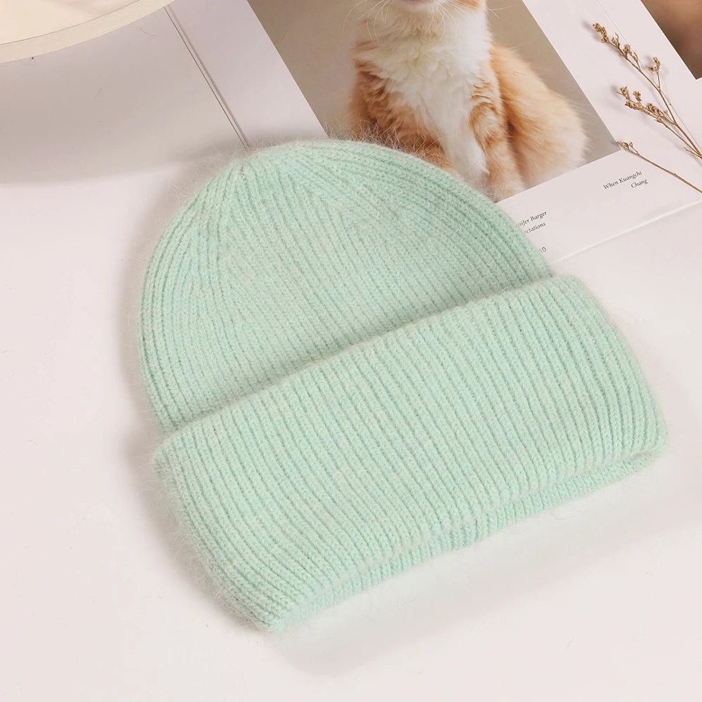 Knit Beanie Hat Real Angora Rabbit Fur Slouchy Skull Cap Winter Warm Stocking Hats
