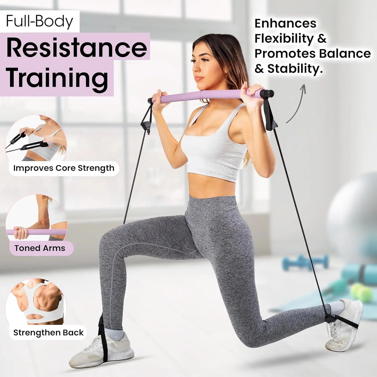 Portable Home Workout Pilates Bar Kit Includes Bar for Legs Waist Arm with 30-Day