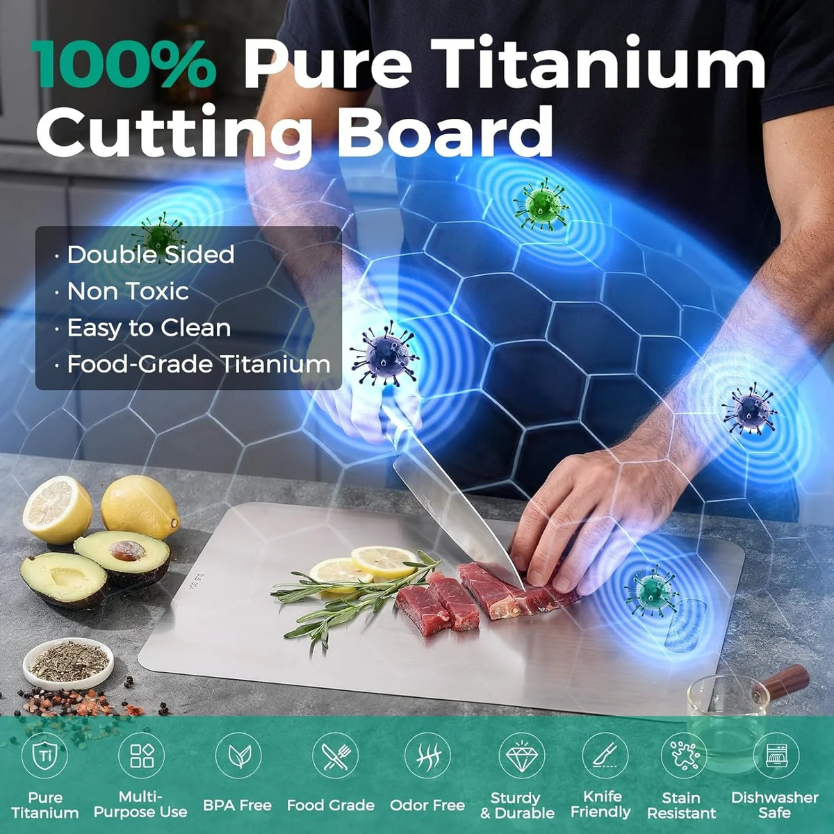 Pure Titanium Cutting Board Non-Toxic Antimicrobial Heat Resistant Durable Dishwasher