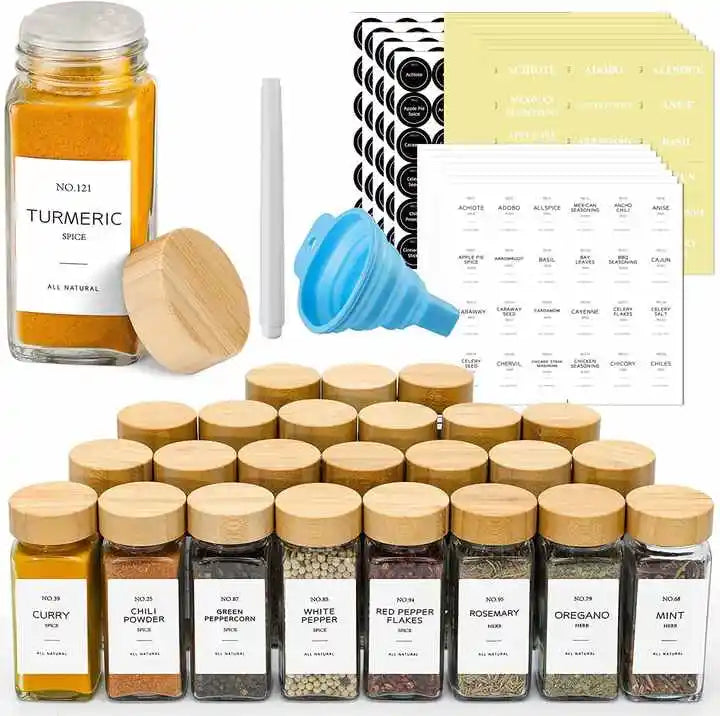 12 Sets of 120 Ml Square Spice Jars 4 Oz Glass Spice Jars with Bamboo Lid At Low Price