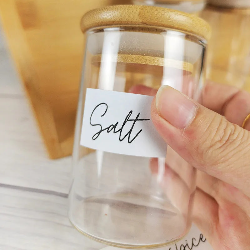 Square Spice Bottle Set Glass Jar with Bamboo Lid for Kitchen Storage Spice Container