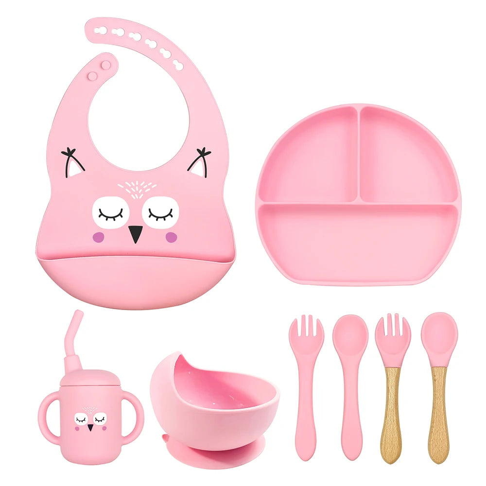 8pc Bebe Silicone Feeding Set Toddler Weaning Set Suction Bottom Infant Dining Tableware