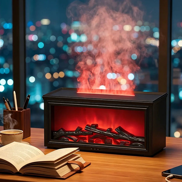 3D Flame Fireplace Aroma Diffuser with LED Lighting, Light Wood Finish