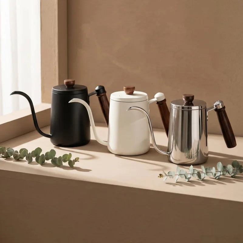 600ML 304 Stainless Steel Gooseneck Pour Over Kettle Long Thin Spout Wooden Handle Drip