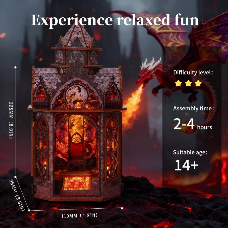 New Book Nook 3D Wooden Puzzle Miniature House Kit SL-42 Dragon DIY Toy Light-Up Feature