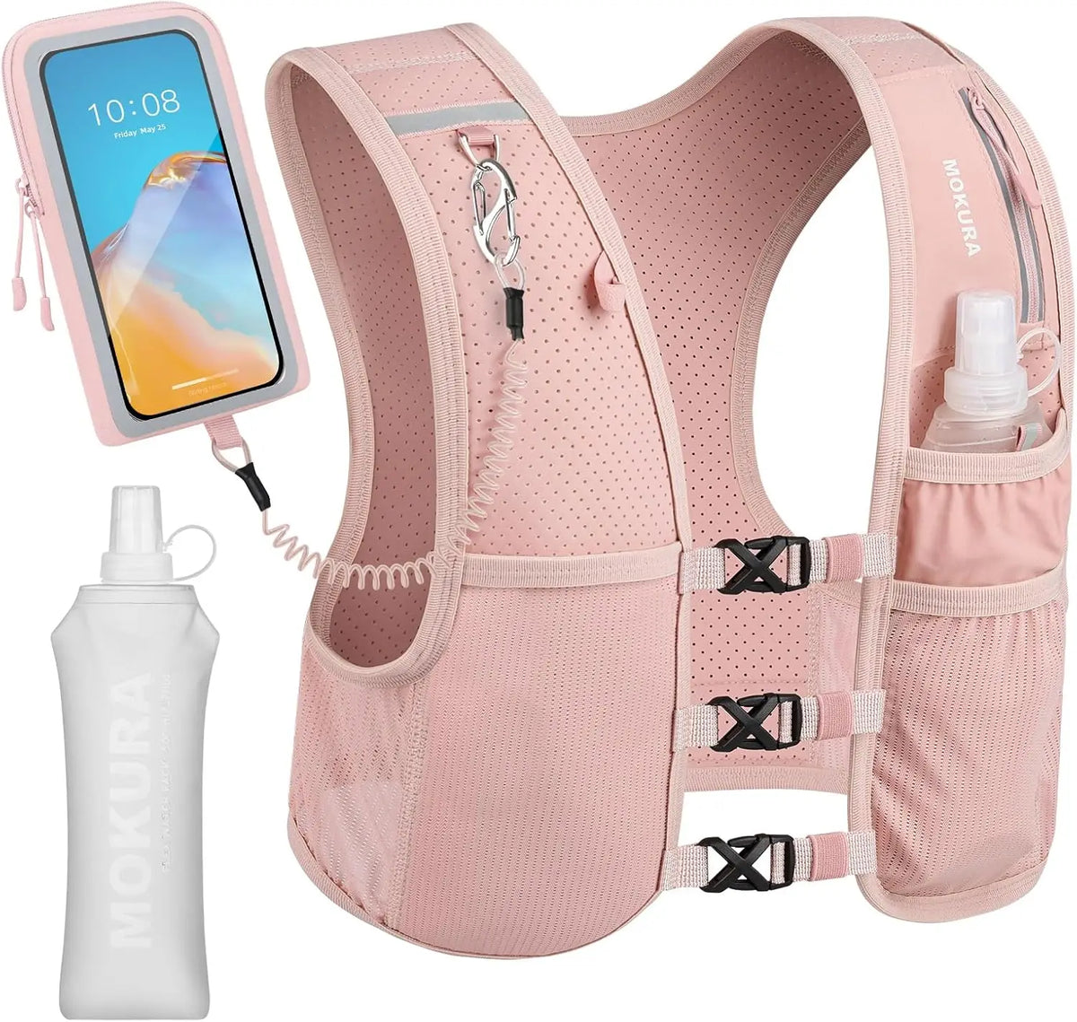 Unisex Running Vest Lightweight Hydration 500ML Soft Flask Phone Holder Reflective