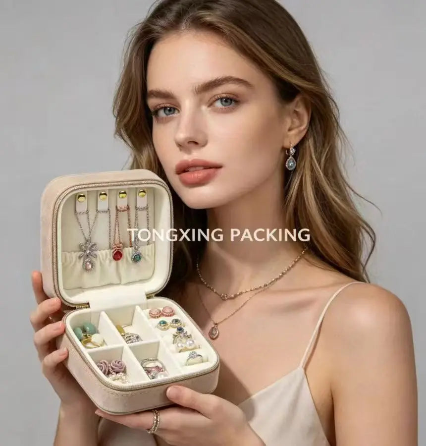 Tongxing Velvet Travel Jewelry Organizer Box Portable Square Jewellery Storage Case