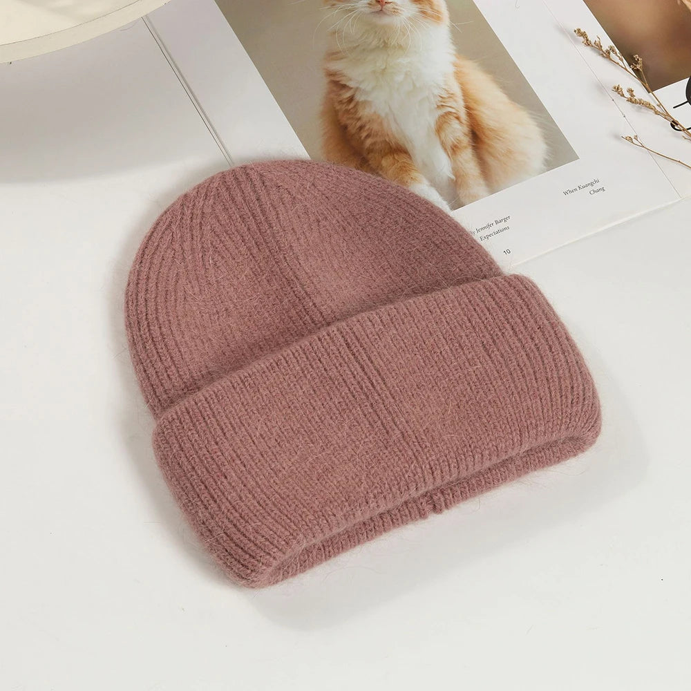 Knit Beanie Hat Real Angora Rabbit Fur Slouchy Skull Cap Winter Warm Stocking Hats