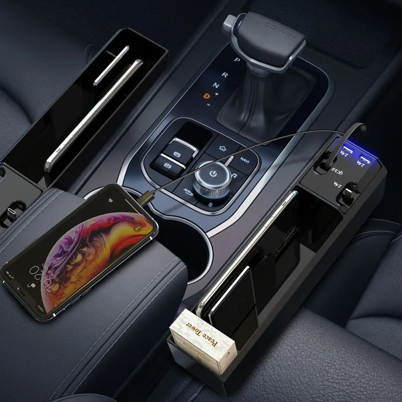 Car Seat Gap Filler Organizer With 2 USB Ports and 3 Charging Cable of Type C, 8 Pin,