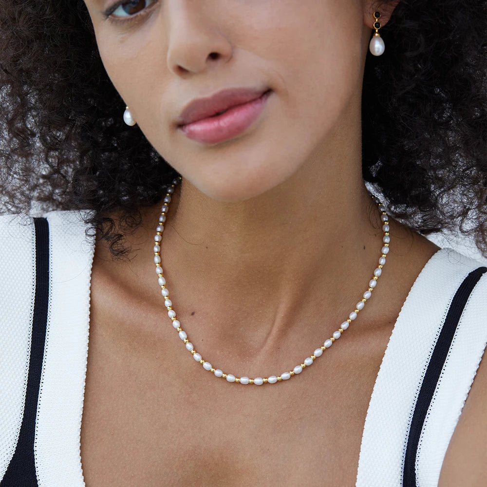Minimalist 18k Gold Plated Stainless Steel Necklaces for Women Mom Freshwater Pearl Beads