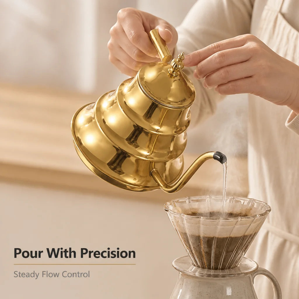 Gooseneck Kettle Set 2 PCS Gold Silver Stainless Steel Beehive Tiered Body Pour Over