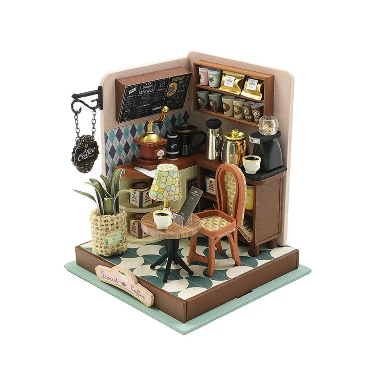 Coffee Shop Miniature Dollhouse Kit, DIY Wooden Mini House