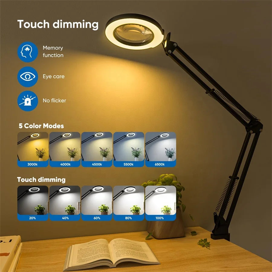 5 Color Modes Stepless Dimmable LED Nail Desk Lamp Touch Control Long Arm Working Desk