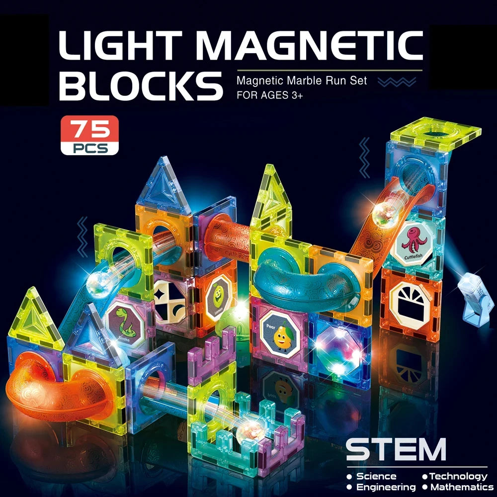 DIY Magnetic Tiles 3D Magnetic Blocks Building Toy Marble Run with Lights Stem