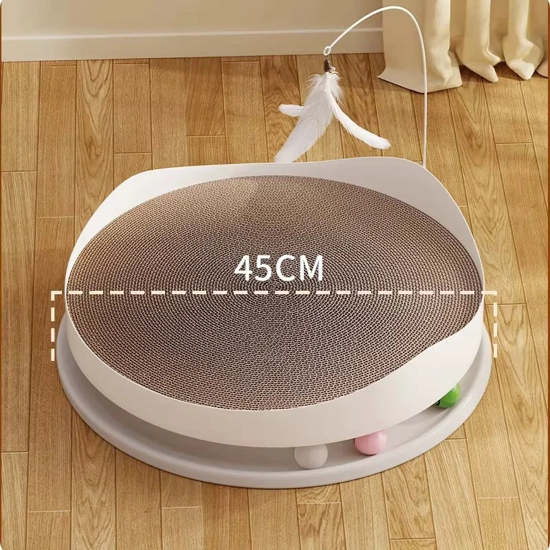 Interactive Cat Scratching Board Oval Cardboard Scratcher With Feather Wand Turntable Toy