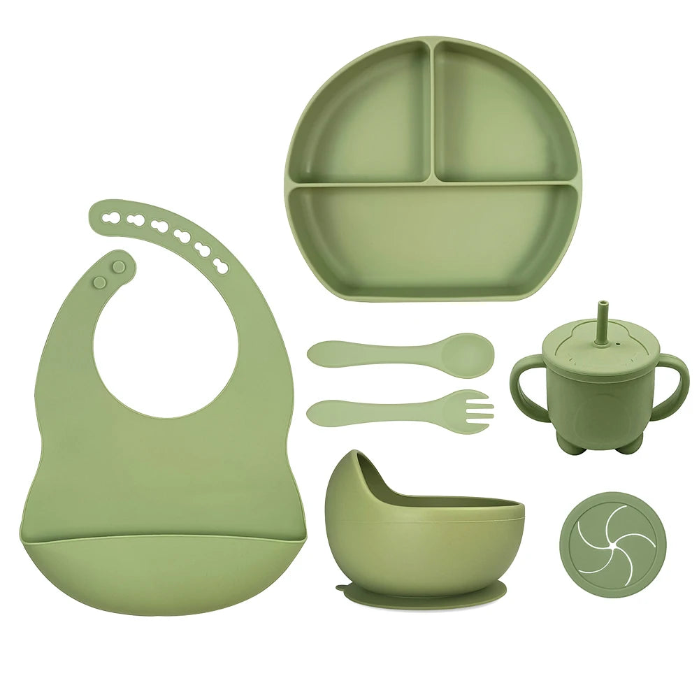 8pc Bebe Silicone Feeding Set Toddler Weaning Set Suction Bottom Infant Dining Tableware