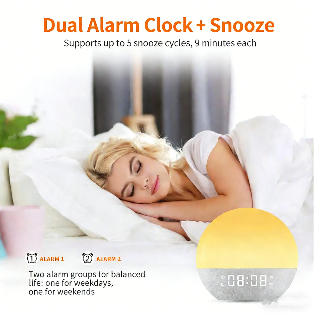 Sunrise Wake Up Light Alarm Clock FM Radio White Noise Sleep Sounds 7-Color Night Lamp